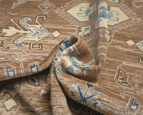 6x9 Ft Kazak Brown Blue Afghan Hand Knotted Geometric Wool Area Rug